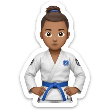 black jiu jitsu instructor with ponytail and a low taper fade sides haircut, and a small fade on the sides with a blue belt and roger Gracie academy logo on the gi sticker