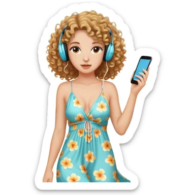 a woman with curly hair, wearing earphones, wearing a sexy beach dress sticker
