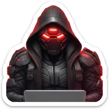 developer behind his laptop with this style : crysis Cyberpunk Valorant neon glowing bright red character dark red black hooded assassin themed character sticker