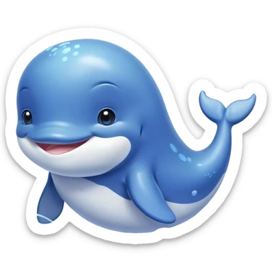 Cinematic happy baby whale, chubby rounded body, tiny smiling face, soft pastel blue hues, gentle glowing waves around, joyful and soothing. sticker