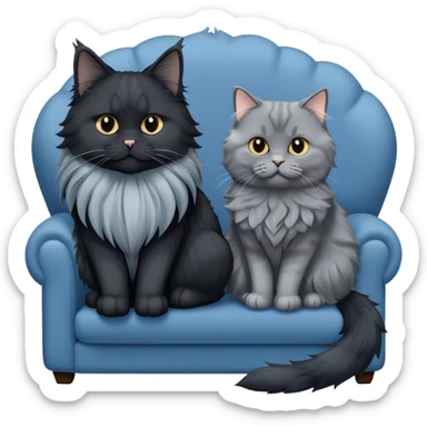 A large black smoke Maine Coon cat with long grey ear tufts and a fluffy grey ruff, sitting next to a chubby British Shorthair cat in blue color with plush fur, both sitting comfortably on a sofa. Beautiful room background with flowers and soft lighting. Transparent background. sticker