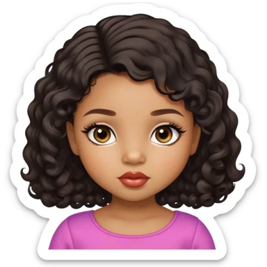 Glamourous, light brown skin tone, very beautiful toddler, with big plump lips, long long lashes, black curly smooth short hair, straight parting hair, brown eyes sticker