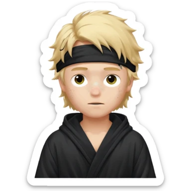 Create a blond boy with long, messy hair, light eyes, a white t-shirt, rich, with long hair, blue eyes, medium-length, voluminous hair, wearing a black Nike bathrobe and a little blush near his nose. and with a balaclava like a ninja and with freckles sticker