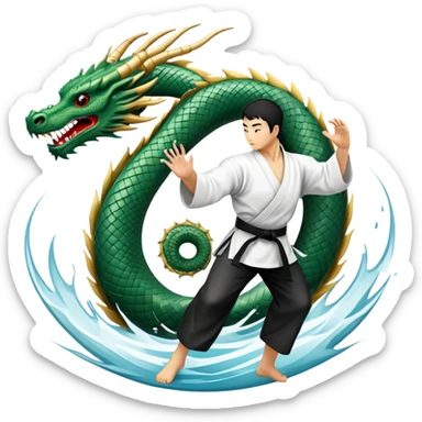 An icon symbolizing Eastern martial arts in the style of an emblem, featuring a black-and-white Yin-Yang symbol and a dragon at the center. A martial artist is performing a fluid kick, surrounded by elements like a dojo and bamboo. Transparent background highlights balance and power. sticker