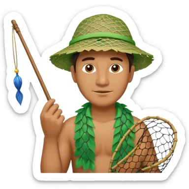 Hawaiian man with leaf hat and big fishing net and colorful cloth sticker