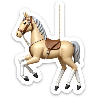 3D render of Horse Puppet as a wooden marionette puppet, Wooden toy horse on strings, silver metal screw joints at elbows and knees, polished brown wood texture, rigid toy pose, emoji style, isolated on white background --v 6.0. sticker