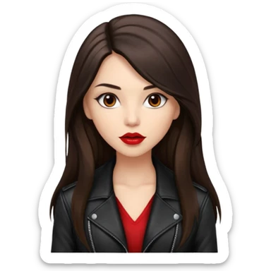 brunette with very long hair in black cuir jacket with red lips and very dark brown eyes sticker