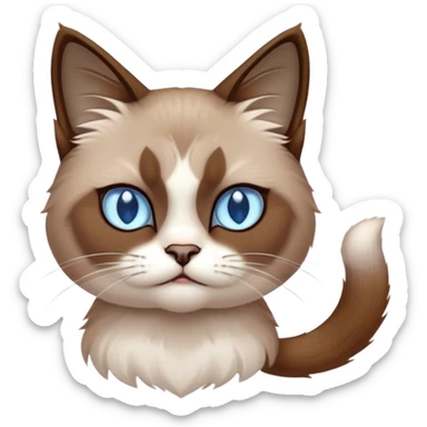 Cinematic Meme-Worthy Grumpy Snowshoe Cat Portrait Emoji, Head held high but eyes filled with dramatic disappointment, soft brown fur, white paws planted firmly in defiance, signature grumpy cat frown perfectly etched on its face, icy-blue eyes radiating pure disapproval, Simplified yet hilariously over-exaggerated features, highly detailed, glowing with an aura of supreme annoyance, high shine, exhausted yet judgmental, stylized with an almost regal pettiness, bright but brooding, soft glowing outline, capturing the essence of a feline that has seen it all and is thoroughly unimpressed, so meme-worthy it feels like it could instantly become the next viral sensation of grumpiness! sticker