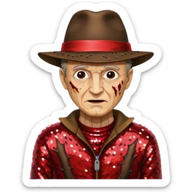 Freddy Krueger with tan burned skin, red sequin sweater, dark brown sequin jacket and hat sticker