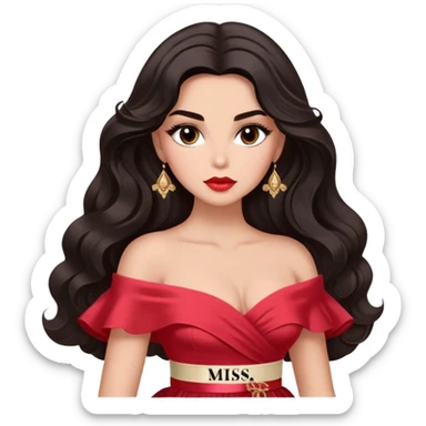 A woman with almond-toned skin, dark voluminous hair in waves, expressive eyes with soft lashes and shimmer, full lips with a glossy nude-pink color, wearing a red dress and a white sash with “Miss San Juan” in black letters, exuding elegance and confidence. sticker