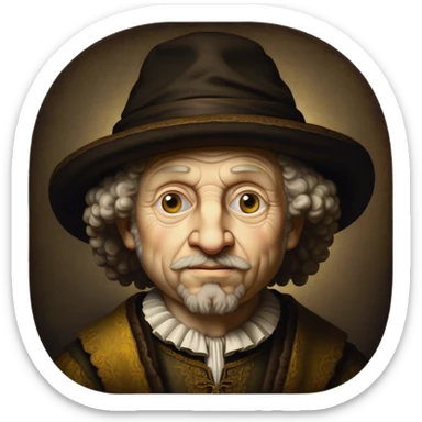 Cinematic Realistic Rembrandt Portrait Emoji, depicted as a master painter with deep reflective eyes and dramatic chiaroscuro, rendered with intricate textures and moody historic lighting that captures his timeless artistry. sticker