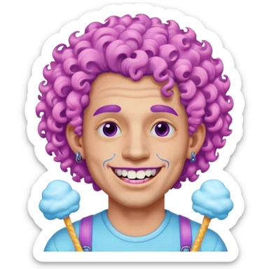 very cheerful colorful puffy violet curly haired man made out of cotton candy wearing teeth-braces and tattoos and face tattoos just face  sticker