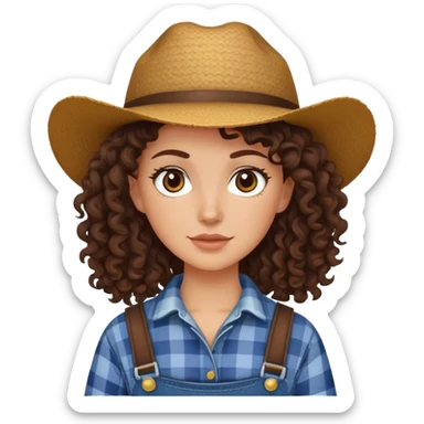 white girl with dark brown curly hair, brown eyes, wearing farm clothes sticker
