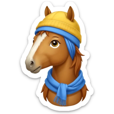 a fabulous funny winter horse in a yellow hat with a blue scarf sticker