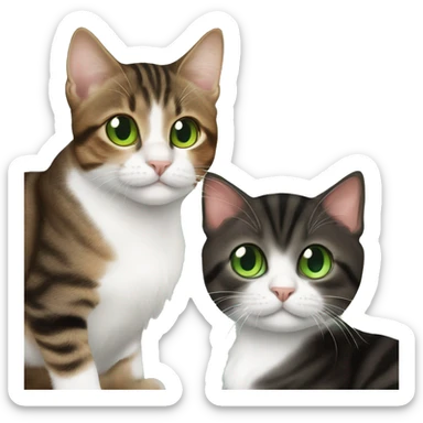 3 cats. brown tabby with green eyes, black tuxedo with green eyes, brown kitten with orange eyes sticker