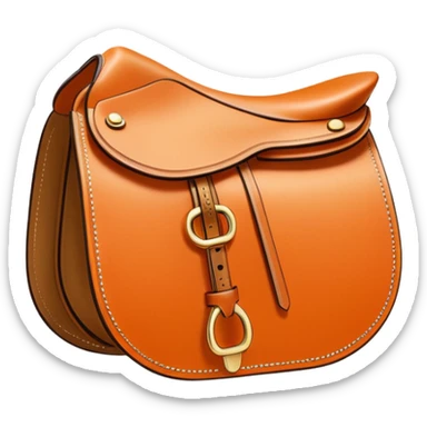 Hermès-style saddle, elegant and minimal, Hermès orange leather, gold trim, luxury, cute emoji style sticker