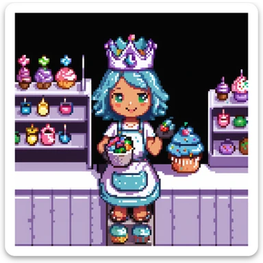 A playful baker in a pastel-pink candy lab. Walls of bubblegum bricks, frosting-covered counters, and a cupcake-shaped oven. The baker wears a gummy bear-studded apron, marshmallow gloves, and a rock candy crown. UI elements look like melting lollipops, candy cane sliders, and syrupy transitions. sticker