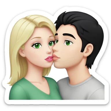A blonde girl with fair skin and green eyes and light pink lips a guy with black hair and fair skin and green eyes are kissing sticker