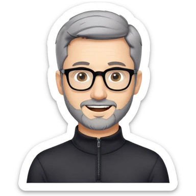 Caucasian man with very short cropped black hair, short beard with noticeable gray hairs, large black eyeglasses, cheerful expression, black athletic long sleeve shirt with quarter zip collar sticker