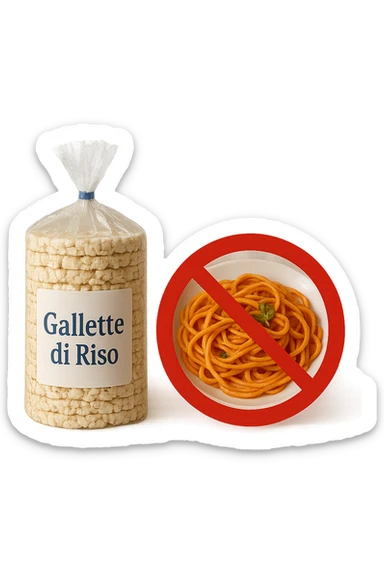 confezione di gallette di riso con accanto un piatto di pasta con divieto sopra, in italiano,  realistici sticker