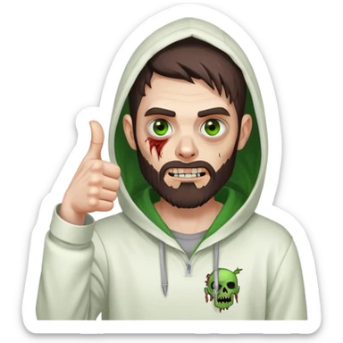 zombie with thumbs up gesture, undercut hairstyle with dark brown hair, short full beard, heterochromia with one green eye and one brown eye, wearing plain white hoodie with hood up sticker