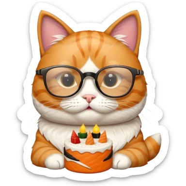 cat with cool thick square shaped glasses eating a birthday cake made out of sushi sticker