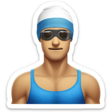Tired and unsatisfied swimmer after his workout in the swimming pool. Swimmng googles on and swimming cap sticker