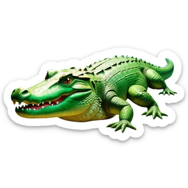 cinematic-crocodile-realistic-full-body-lounging-emoji,-massive-scaled-body-partially-submerged-in-shallow-water,-head-tilted-dramatically,-rough-green-and-brown-hide-textured-with-deep-ridges,-simplified-yet-realistic-focused-features,-highly-detailed,-glowing-with-an-almost-sarcastic-glow sticker