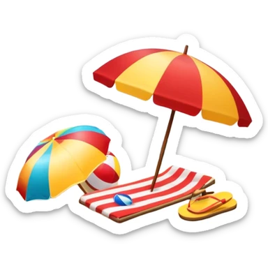 Icon for Beach Tourism: a sandy beach with a beach umbrella, flip-flops, a towel, and a beach ball, with the ocean waves in the background. The icon should capture the relaxation and fun of beach vacations. Transparent background. sticker