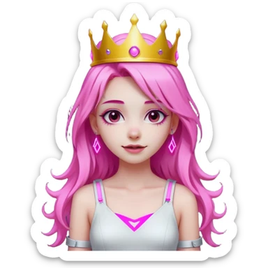 girl neon cyberpunk light pink happy long hair crown white and pink sticker