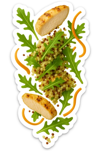 EMOJI STILE IPHONE DI Insalata di quinoa e pollo con rucola e carote che cade verticalmente dall'alto, iperrealistica 4k sticker
