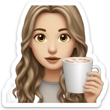 white girl with grey eyes brown long hair and a hot chocolate sticker