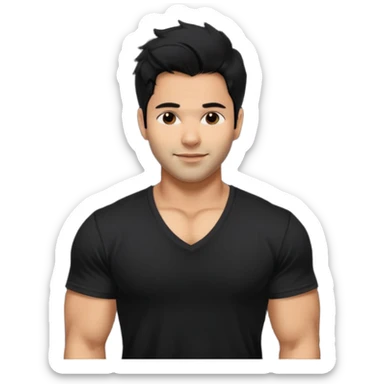 generate a pretty bratz Varun Dhawan with 
Make him wear a black v neck tshirt. muscular but still lean, smirking
He shoudl look exactly like VArun DHawan.  messy black hair sticker