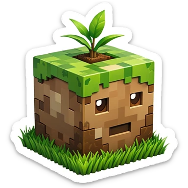 A 3D Apple-style emoji of a Minecraft grass block, cubic shape, with bright green grass on top and brown soil with pixel texture on the sides, simple and cute cartoon design. sticker