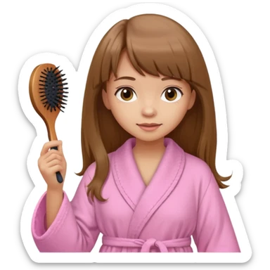 a girl with light skin and medium brown long hair with bangs who is brushing her hair with a hairbrush and she is wearing a light pink bathrobe sticker