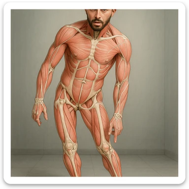 Hyperrealistic 4K anatomical view of a man in a similar position to the reference image. Knee valgus, tilted pelvis, pronated foot, muscles and joints highlighted, clinical atmosphere. Variant 7 with slightly changed leg position. sticker