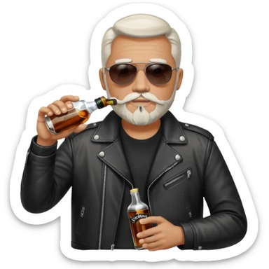 Un motero de perilla blanca tipo Quijote, gafas oscuras chupa de cuero y bebiendo de una botella de Jack Daniel's. sticker