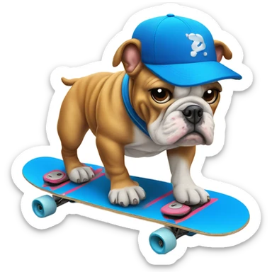 Bulldog with a blue baseball cap skateboarding by the beach sticker