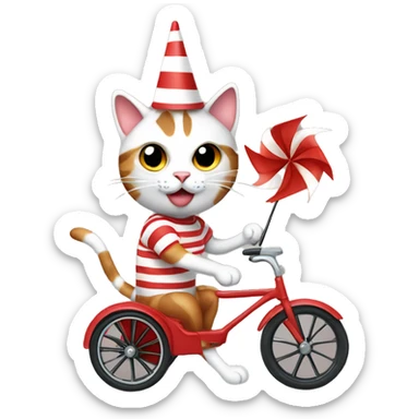 Silly cat with a pinwheel hat, red and white striped shirt, and a tricycle sticker