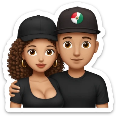 A picture of a tanned couple embracing. the guy is Mexican, with a bald hair cut and he has a SnapBack hat on. The girl is mixed, the girl is wearing a black shirt, the girl has brown curly big hair and the girl has big boobs  sticker