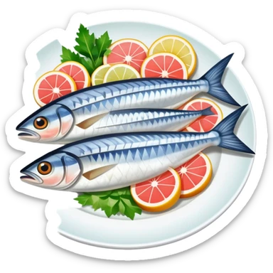 mackerel sashimi with slices of raw fish on a plate with garnish sticker