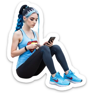 Shameful and disappointed-Female-very very very larger chest-texting on a samsung cell phone-very long straight braided black to sky blue hair ombre-blue eyes-black eyeliner-long eyelashes-iridescent sky blue very low cut tank top with superman logo-black leggings-nike hightop sneakers sticker