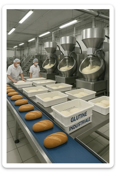 a modern food processing factory interior, with large stainless steel machines mixing and kneading dough. In the foreground, a conveyor belt carries loaves of bread and trays of raw gluten, labeled “Glutine industriale” Workers in uniforms and hairnets monitor the process. The atmosphere is clean, efficient, and slightly clinical. sticker
