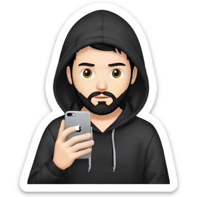 hackeur blanc cheveux noir barbe et capuche noir avec un iphone sticker