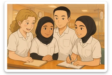 Recreate a team scene of nursing students at a care station in a warm, hospital atmosphere inspired by Ghibli style. Use the faces and characteristics of the four students from the provided photos as reference. They wear white medical uniforms with V-neck tunics, short sleeves, and a left chest pocket. No classic collars, stethoscopes, or undershirts visible. Show visible interaction and collaboration among them, conveying a warm and caring environment. sticker