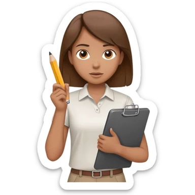 Intern or volunteer with brown hair holding a clipboard and pencil, ready to take notes or assist. The character wears a simple shirt and has an eager posture sticker