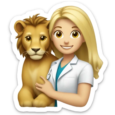blonde hair smiling veterinarian girl cuddling a lion sticker