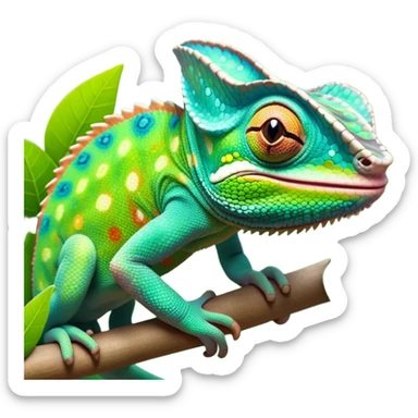 cinematic cute-smiling chameleon-realistic emoji,-blending-with-vibrant-greenery.-detailed-scales-in-shifting-colors,-showing-the-chameleon’s-ability-to-camouflage.-soft-natural-light-highlights-its-texture.-nature-background, zoomed into its face sticker