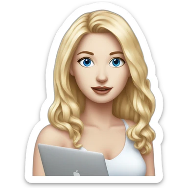 beautiful white woman with blue eyes and MacBook realistic drawing sticker