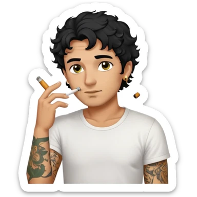 Italian man with tanned skin, curly black hair in short bob style, stubble, olive eyes, gold earring in left ear, white t-shirt, black tattoo on forearm, smoking cigarette sticker